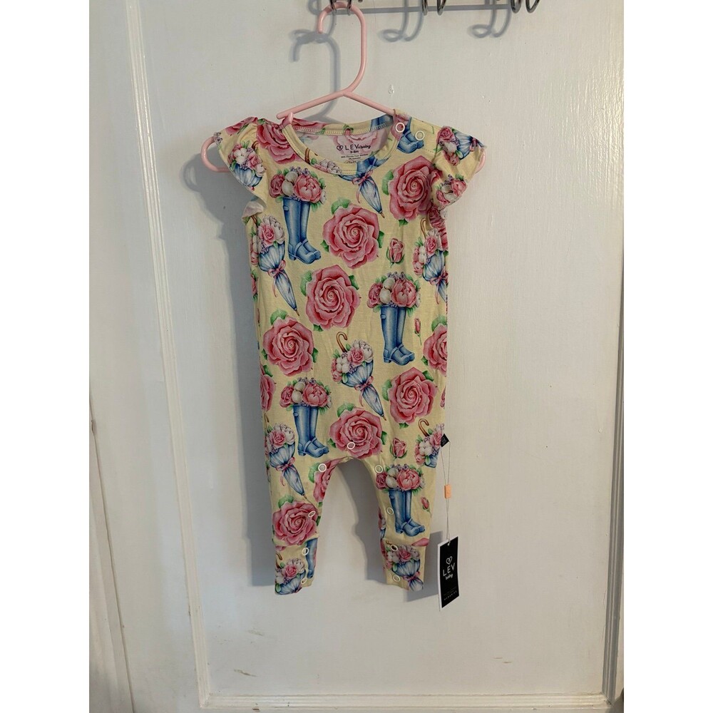 LEVbaby Soft Bamboo Short sleeve ruffle romper yellow floral size 3-6M NWT